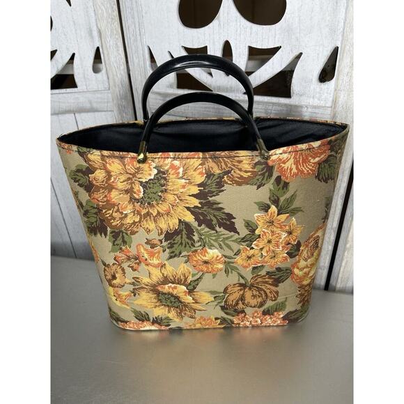 Vintage 1970s Floral Yellow Tapestry Material Tote Bag Purse Top Handle - Picture 3 of 6
